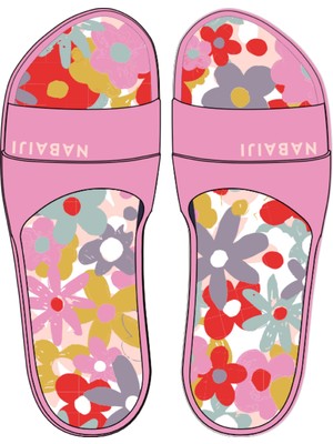Decathlon Nabaiji Çocuk Havuz Terliği - Pembe/Kırmızı - Çiçek Desenli - Slap 500