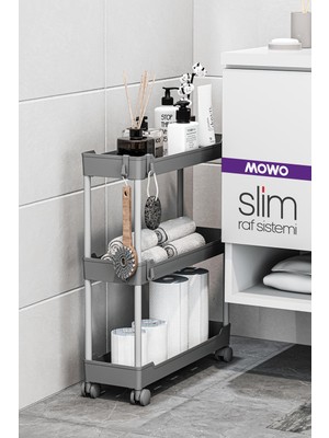 Mowo Home Slim 3 Katlı Tekerlekli Raf Ünitesi Gri, Banyo Rafı, Mutfak Rafı, Banyo Düzenleyici