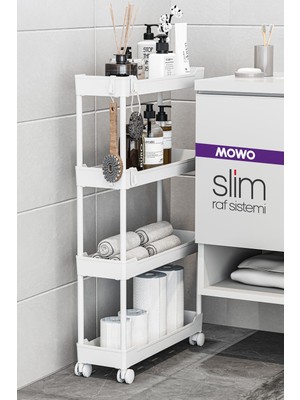 Mowo Home Slim 4 Katlı Tekerlekli Raf Ünitesi Beyaz, Banyo Rafı, Mutfak Rafı, Banyo Düzenleyici