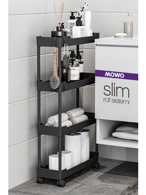 Mowo Home Slim 4 Katlı Tekerlekli Raf Ünitesi Siyah, Banyo Rafı, Mutfak Rafı, Banyo Düzenleyici