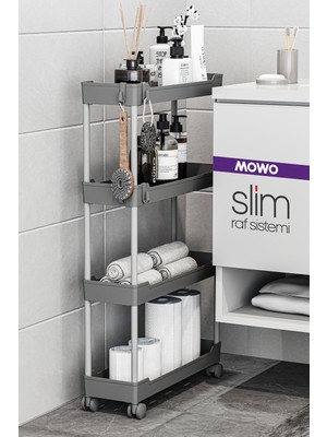 Mowo Home Slim 4 Katlı Tekerlekli Raf Ünitesi Gri, Banyo Rafı, Mutfak Rafı, Banyo Düzenleyici