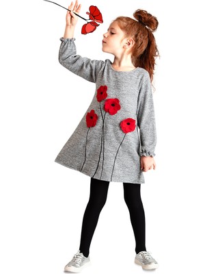 MSHB&G Gri Poppy Çiçekli Kız Çocuk Kol Ucu Lastikli Uzun Kollu Elbise