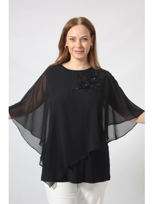 Moda Berray 5040 Pul Payet Aplikli Şifon Kombin Büyük Beden Şık Bluz