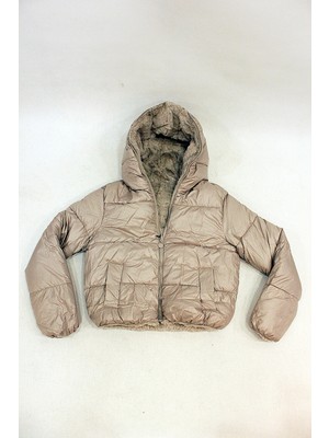 D99614 Çift Taraflı Içi Kürk Kapşonlu Kadın Kısa Puf Mont