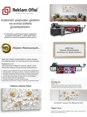 Altın Işlemeli Beyaz Çiçekler Dekoratif Premium Kanvas Tablo