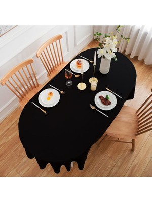 Zeren Home Sıvı Geçirmez Dertsiz Oval Masa Örtüsü Siyah + 6 Peçete