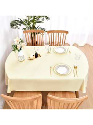 Zeren Home Sıvı Geçirmez Dertsiz Oval Masa Örtüsü Krem + 12 Peçete