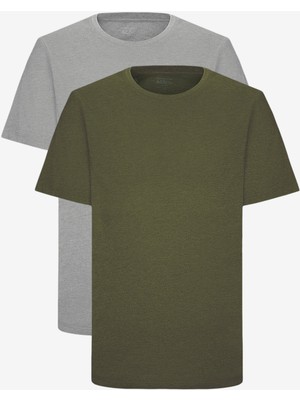 Altınyıldız Classics Erkek Haki-Grimelanj Pamuklu 2'li Tişört Paketi Slim Fit Dar Kesim Bisiklet Yaka