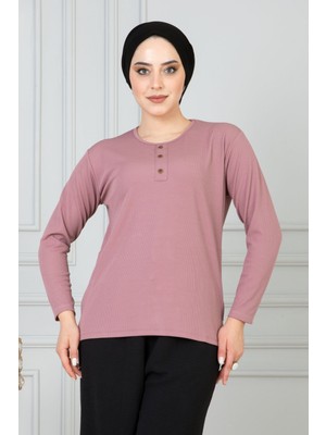 Nacar Çarşı Kadın Anne Rahat Kesim Salaş Ince Fitilli Düğme Detaylı Penye Bluz