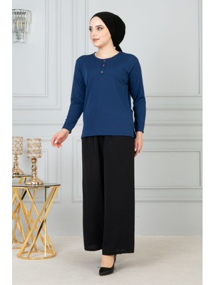 Kadın Anne Rahat Kesim Salaş Ince Fitilli Düğme Detaylı Penye Bluz