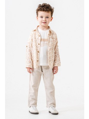 Miniğimin Cicileri Etnik Desen Müslin Pamuk Gömlek Keten Pantolon Erkek çocuk takım - Bej