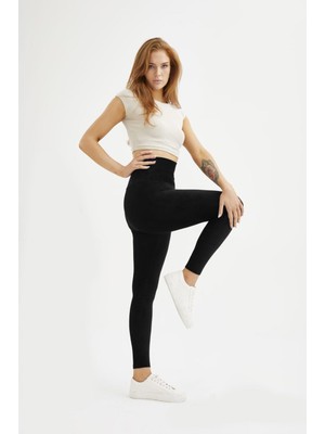 Oroverde Kadın Oversize Büyük Beden French Veleour Kadife Fitilli Siyah Tayt