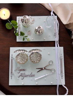 Cyz Home Bonding Gümüş Beyaz Incili Söz Tepsisi Nişan Tepsisi ve Damat Kahve Fincan Tepsisi