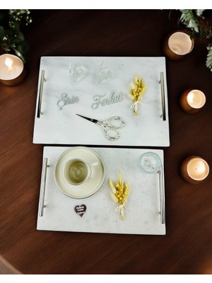 Cyz Home Gümüş Mermer Söz Tepsisi ve Damat Kahve Fincan Tepsisi