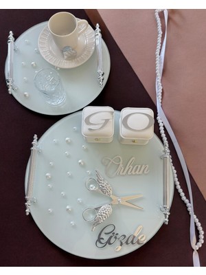 Cyz Home Beloved Gümüş Beyaz Incili Söz Tepsisi Nişan Tepsisi ve Damat Kahve Fincan Tepsisi