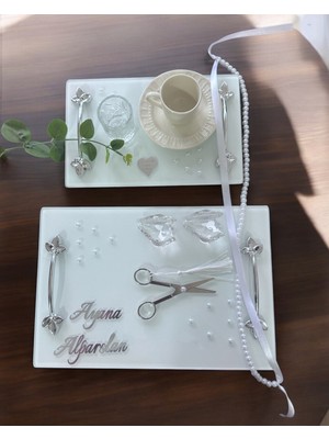 Cyz Home Adore Gümüş Beyaz Incili Söz Tepsisi Nişan Tepsisi ve Damat Kahve Fincan Tepsisi