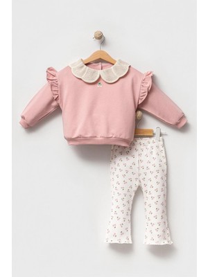 Miniğimin Cicileri Örgü Yaka Fitilli Vişne Desen Taytlı Kız bebek takım - Pembe