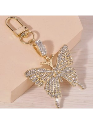 Taşlı Kelebek Figürlü Altın ve Elmas Renk Şık Harika Anahtarlık