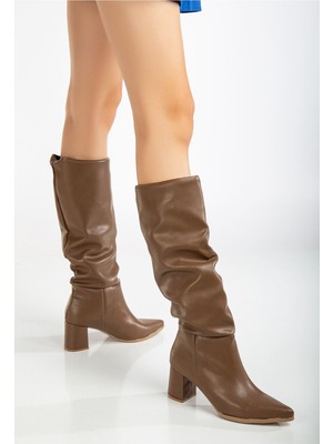 Hayalimdeki Ayakkabı Lise-Britt Vizon Cilt Körüklü Topuklu Kadın Çizme