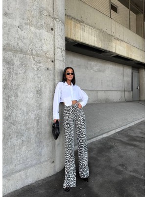 Beyaz Leopar Palazzo Kot Jean Wide Leg Leopar Pantolon