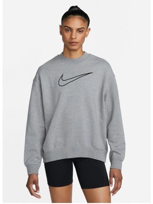 Gri Kadın Bisiklet Yaka Baskılı Sweatshirt DQ5542 091 W Nk Df Gt Ft Gx Crew Es