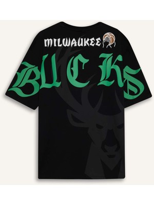 DeFacto DeFactoFit NBA Milwaukee Bucks Oversize Geniş Kalıp Bisiklet Yaka Kısa Kollu Tişört B3910AX25SP