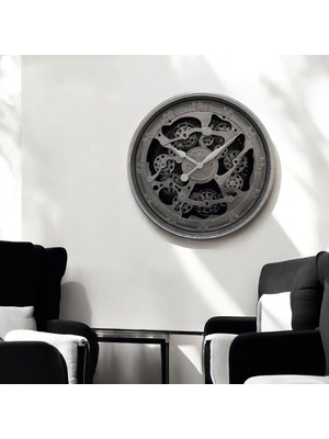 Byars Blişim Byars Bilişim CRK-826 Premium Ahşap Ithal Dönen Çarklı Roma Rakamlı Eskitme Kadranlı Metalik Gri Duvar Saati 76X76X8 cm