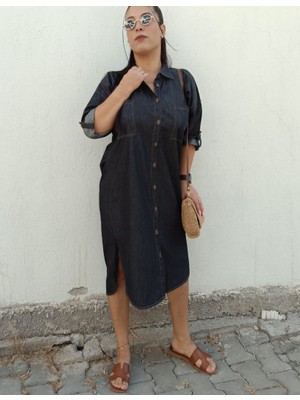 Akşen Giyim Büyük Beden Ince Kot Denim Kumaş Gömlek Yaka Boydan Düğmeli Katlanabilir Kollu Jean Elbise/tunik