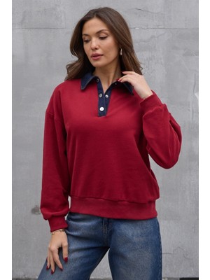 Bordo Denim Yaka Tasarım Sweat