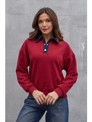 Bordo Denim Yaka Tasarım Sweat