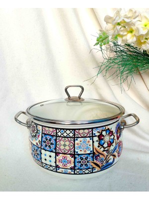 Ebruli Emaye Çini Desen Emaye Lüx Derin Tencere 4750 ml 24 cm Çap Süt Yoğurt Çorba Yoğurt Tenceresi