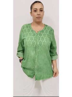 Akşen Giyim Büyük Beden Pamuk Keten Kabartma Baskı Çiçek ve Gümüş Sim Detaylı  70 cm Boyda Otantik Gömlek