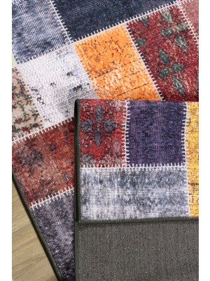 Melaris Halı Vintage Eskitme Patchwork Yıkanabilir Şönil Kilim Pamuk Taban Dokuma Halı Oturma Odası Salon Balkon Mutfak Halısı