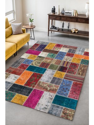 Melaris Halı Vintage Eskitme Patchwork Yıkanabilir Şönil Kilim Pamuk Taban Dokuma Halı Oturma Odası Salon Balkon Mutfak Halısı