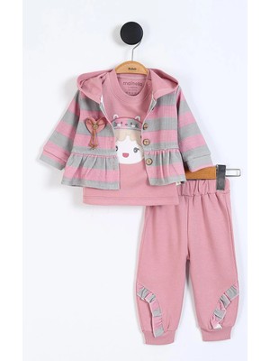 Çocuk Desenli Yelekli Zıbın Pamuklu Kapşonlu Uzun Kol Kız Bebek 3'lü Takım Alt Üst Kız Bebek Takım