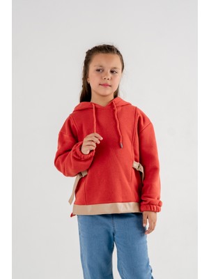 Kız Çocuk Deri Garnili Kapşonlu Sweatshirt 4519