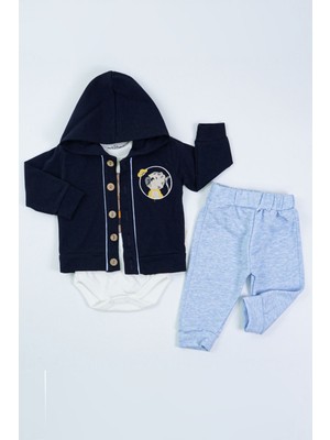Yavru Aslan Desenli Pamuk Kapşonlu Zıbın Uzun Kollu Erkek Bebek 3'lü Takım Alt Üst Erkek Bebek Takım