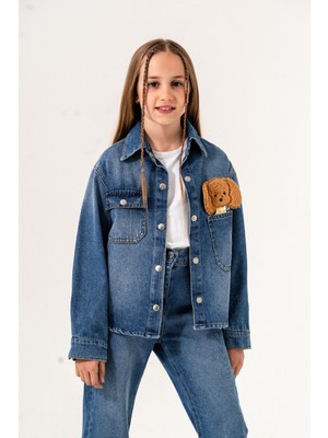 Kız Çocuk Köpek Nakışlı Kot Gömlek 3137