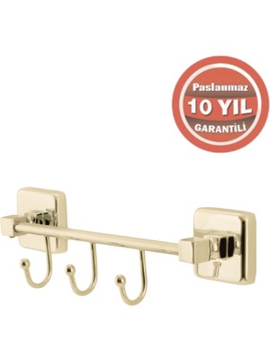 Çelik Banyo Paslanmaz Pirinç Kumru Kancalı 3’lü Askılık Altın Sarı Gold