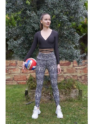 Lismina Siyah Gri Beyaz Yılan Desen Spor Tayt