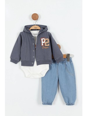 Yeni Yapboz Desenli Pamuk Kapşonlu Zıbın Uzun Kollu Erkek Bebek 3'lü Takım Alt Üst Erkek Bebek Takım