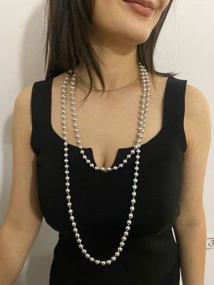 Smy Bag Tasarım Gümüş Rengi Inci Kolye Gri