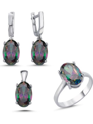 Inure Jewelry 925 Ayar Gümüş Mistik Topaz Zirkon Taşlı Oval Kesim Set