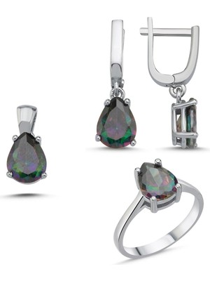 Inure Jewelry 925 Ayar Gümüş Mistik Topaz Zirkon Taşlı Damla Set