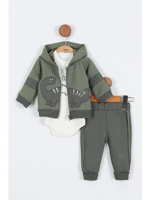 Dinazor Desenli Pamuklu Kapşonlu Zıbın Uzun Kol Erkek Bebek 3'lü Takım Alt Üst Erkek Bebek Takım