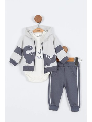 Dinazor Desenli Pamuklu Kapşonlu Zıbın Uzun Kol Erkek Bebek 3'lü Takım Alt Üst Erkek Bebek Takım
