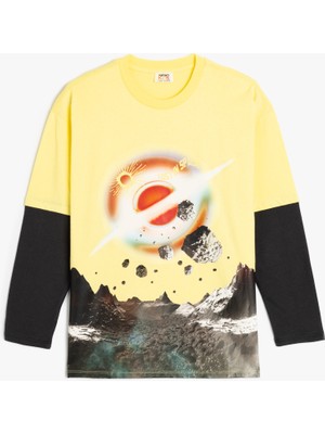 Koton Tişört Uzun Kollu Uzay Baskılı Bisiklet Yaka Pamuklu