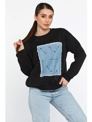 Gülseli Kadın Bisiklet Yaka Kot Garnili Zincir Detaylı Şardonlu Sweatshirt