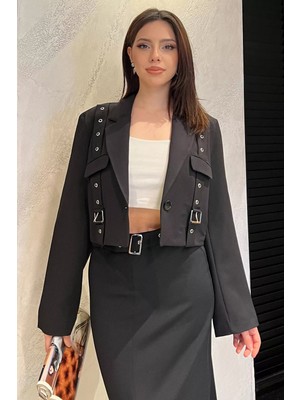 Gülseli Kadın Kemer Detaylı Astarlı Crop Top Blazer Ceket