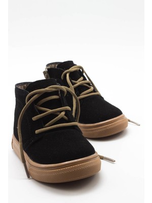 Sermoda Deri Bebek Bot Siyah Bağcıklı Fermuarlı Rahat Kullanım Düz Topuklu